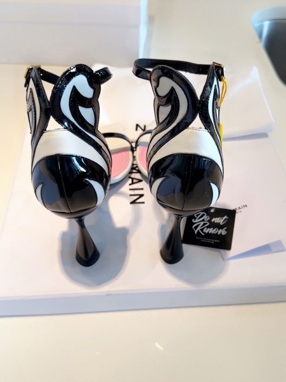Black & White Sculpted Heel Sandals with Pink Insole - Picture 3 of 7